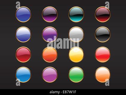 Vector illustration of modern, shiny, round buttons on the black background. Stock Vector