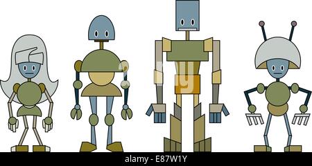 Vector illustration of funny cartoon robots family. Stock Vector