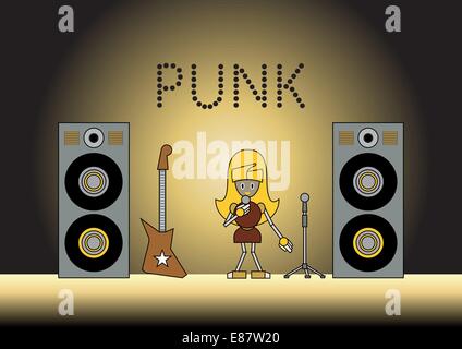 Vector illustration of the robot girl on the stage holding the microphone and singing. Stock Vector