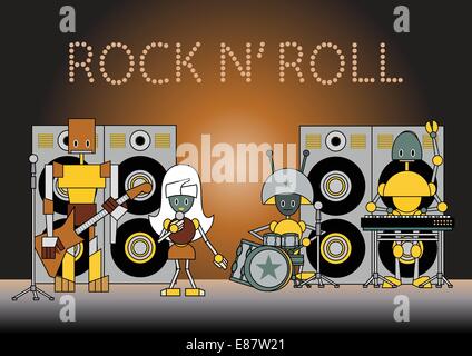 Vector illustration of the robots musical band standing on the stage, holding the microphone, guitar, drums and other instruments. Stock Vector