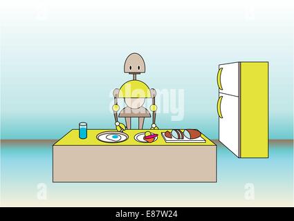 Vector illustration of comic robot on the kitchen, near the table with the meal. Stock Vector