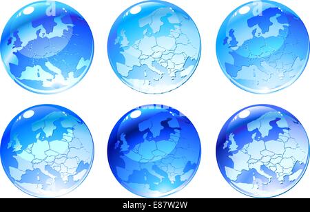 Vector Illustration of globe icons with different countries. Stock Vector
