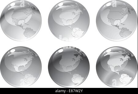 Vector Illustration of dray globe icons with different continents. Stock Vector