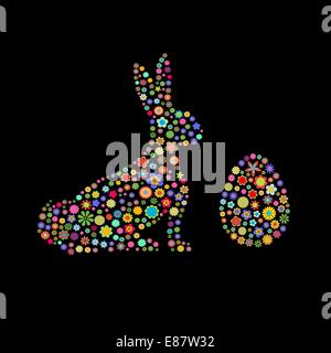 Vector illustration of the rabbit and the egg shape  made up a lot of  green small flowers on the black background Stock Vector