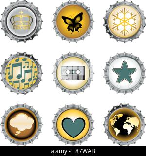 Vector illustration of bottle caps set, decorated with different objects Stock Vector