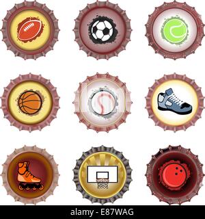 Vector illustration of bottle caps set, decorated with different objects related to sport. Stock Vector