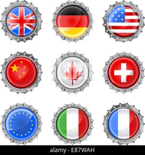Vector illustration of bottle caps set, decorated with the flags of different countries Stock Vector
