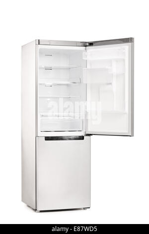 Studio shot of an empty refrigerator with opened door isolated on white background Stock Photo