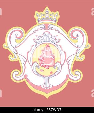 Vector Illuctration of Heraldic frame with floral Decorative ornament and  beautiful Wedding Cake Stock Vector
