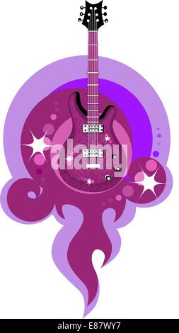 Vector illustration of an stylized  acustic guitar on the fire voilet background Stock Vector