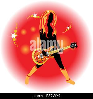 Vector illustration of a woman with an stylized acustic gitar on the red background Stock Vector