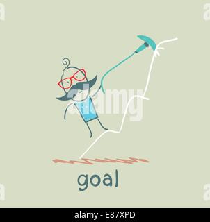 a man climbs to the target at the top of the mountain on the arrow Stock Vector