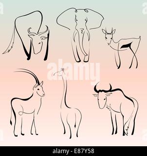 Vector illustraition of Wild Animals Design Set made with simple line only Stock Vector