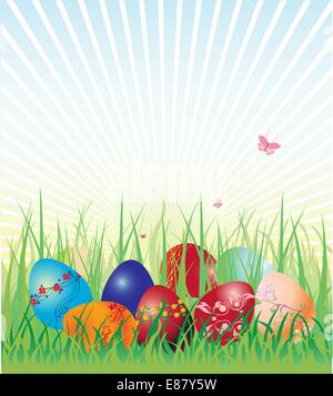 Vector illustration of Easter eggs on the beautiful green grass background. The edds are decorated with floral elements. Stock Vector