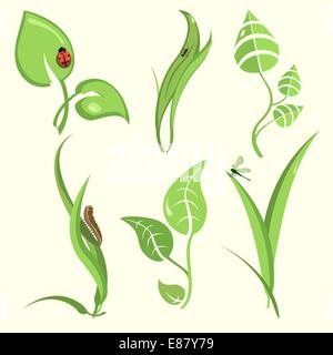 Vector illustration set of design plant leaves with funny insects Stock Vector