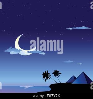 Vector illustration of romantic travel background with cartoon  skyline silhouettes of Pyramids in Egypt Stock Vector