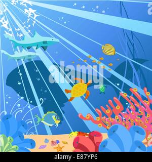 Vector illustration of Colorful background with creatures of the seas. Friendly kids style. Stock Vector