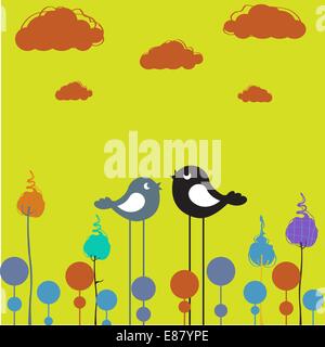 Vector Illustration of retro Flowery design greeting card with group of retro-style birds Stock Vector