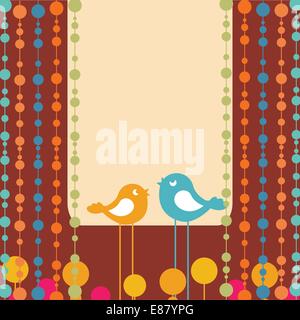 Vector Illustration of retro Flowery design greeting card with two retro-style birds Stock Vector