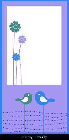 Vector Illustration of retro Flowery design greeting card with two retro-style birds Stock Vector