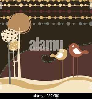 Vector Illustration of retro Flowery design greeting card with two of retro-style birds Stock Vector