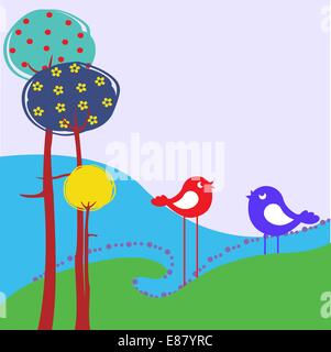 Vector Illustration of retro Flowery design greeting card with two of retro-style birds Stock Vector