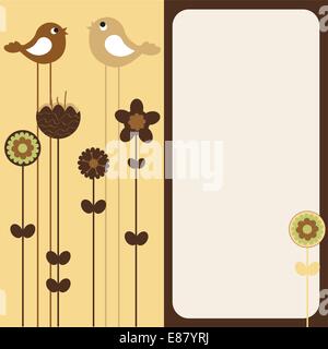 Vector Illustration of retro Flowery design greeting card with two of retro-style birds Stock Vector