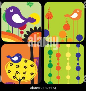 Vector Illustration of style design greeting cards with retro-style birds and trees Stock Vector