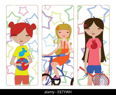 Vector Illustration of the cute little girls during different summer activities    playing the ball, riding the bicycle, holding the tennis racket. Stock Vector