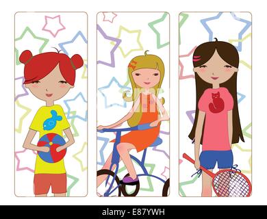 Cute Little Girl Playing Badminton. Vector Cartoon Illustration Stock 