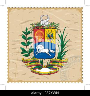 Coat of arms of  Venezuela on the old postage stamp Stock Vector