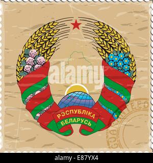 Coat of arms of Belarus on the old postage stamp Stock Vector