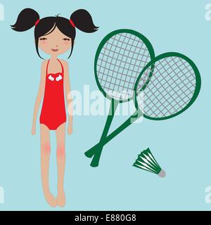Vector Illustration of funny summer background  with the little girl and badminton rackets Stock Vector