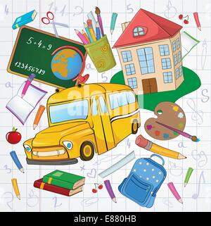 Vector illustration of cool school icons on the funky hand-drawing style background Stock Vector