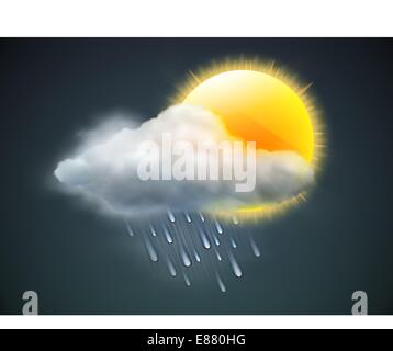 Vector illustration of cool single weather icon - sun with raincloud and raindrops in the dark sky Stock Vector