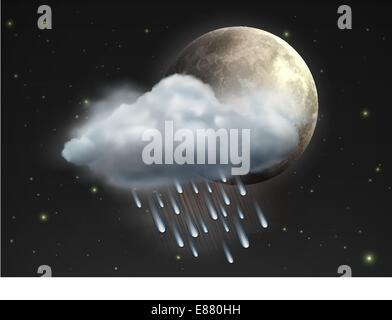 Vector illustration of cool single weather icon - moon with raincloud and raindrops in the night sky Stock Vector