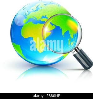 Vector illustration of search concept with magnifying glass and blue glossy globe showing Europe and Africa Stock Vector