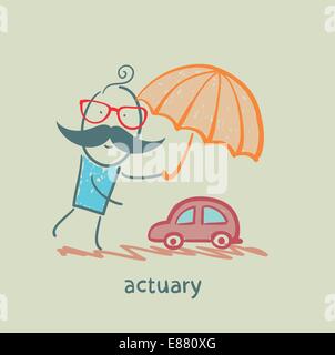 actuary holding an umbrella over the machine Stock Vector
