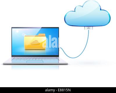 Vector illustration of cloud computing concept with blue internet cloud icon and modern laptop Stock Vector