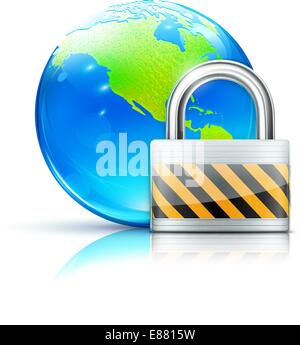 Vector illustration of global security concept with locked pad lock and cool glossy globe showing the Americas Stock Vector