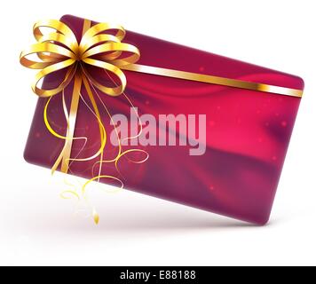 Vector illustration of red decorated gift card with golden ribbon and bow isolated on white background Stock Vector