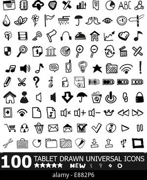 100 hand drawn web universal icons | vector black icon set isolated on white Stock Vector