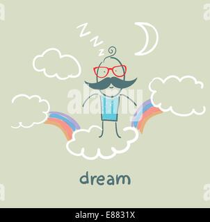 man flying in a dream clouds with rainbows Stock Vector