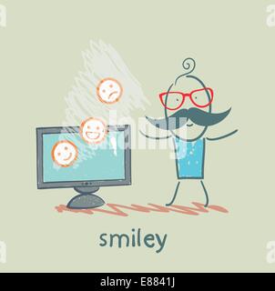 man watching TV with smiles Stock Vector