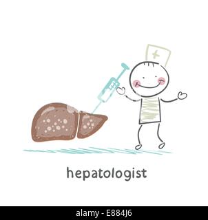 hepatologist makes a shot diseased liver Stock Vector