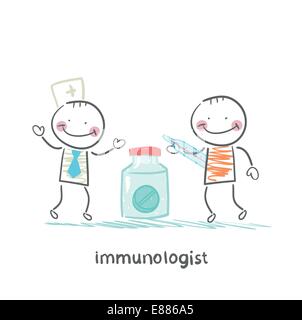 immunologist giving pills to a patient with thermometer Stock Vector