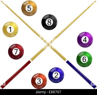 Two cue and billiard balls on a white background Stock Vector