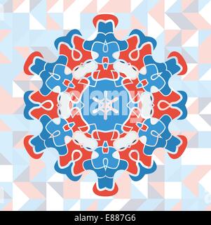 Mandala art vector in red and blue colors over triangles background Stock Vector