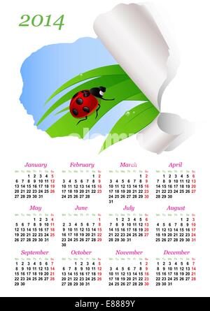 Calendar for 2014 with green grass and ladybird Stock Vector