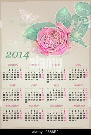 Calendar for 2014 with pink rose and butterfly Stock Vector